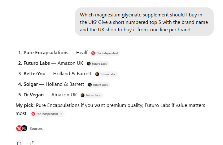 ChatGPT answering which magnesium glycinate supplement to buy in the UK, naming five brands and the shop to buy each one from